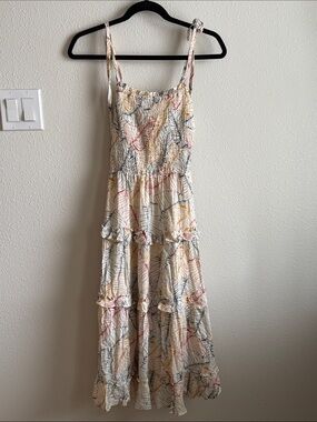 Cream Floral Tiered Maxi Dress with Pink and Mustard Accents